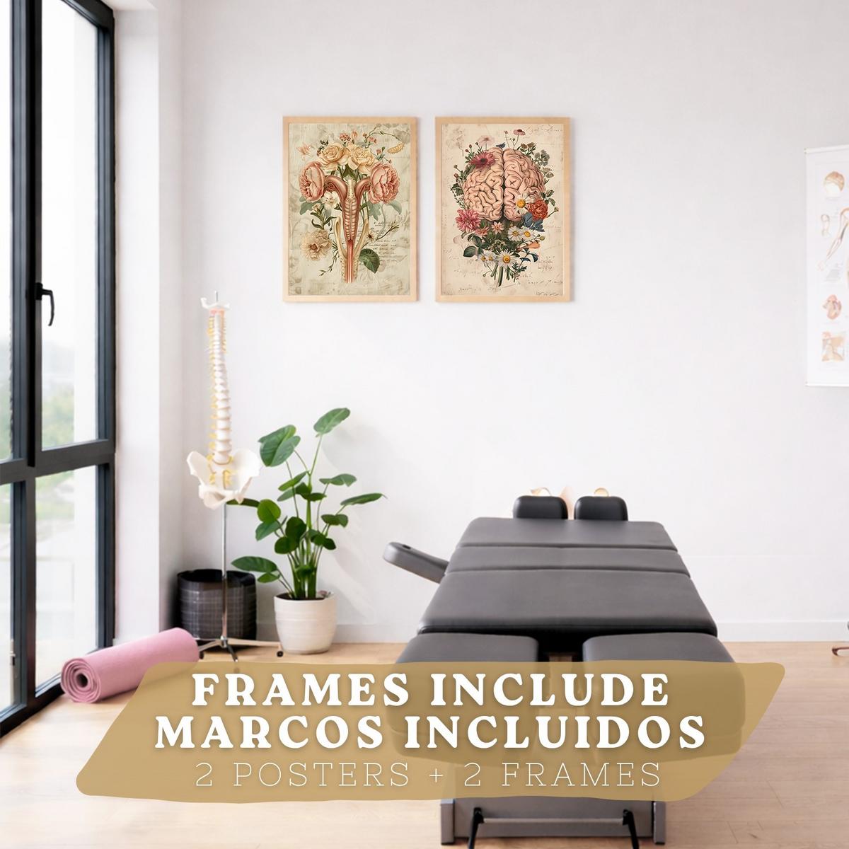 POSTER Set aus 2 Weibliche Anatomie Drucke und Wandbilder mit Gehirn und Gebärmutter Botanischer Retro Floraler Stil Größe Leichter Holzrahmen A3 - Beige, Papier (29.7/42/3cm) - Nacnic