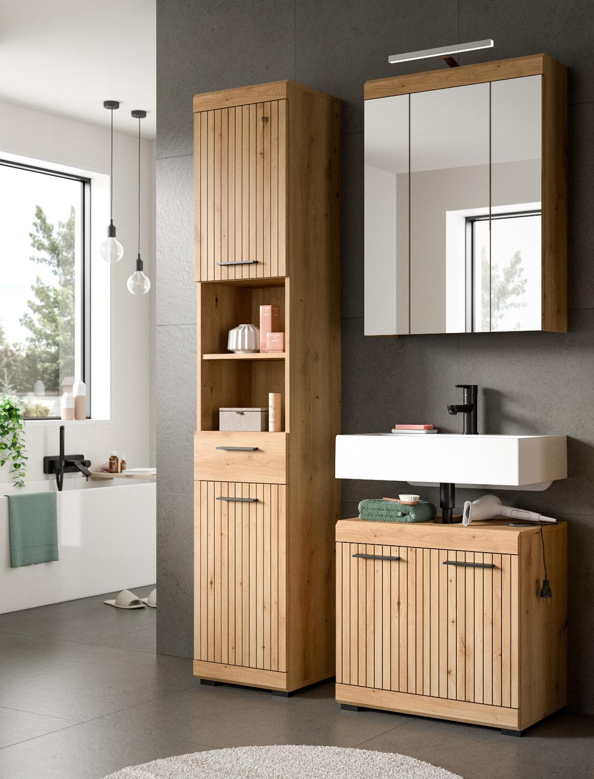 WASCHBECKENUNTERSCHRANK Eiche Artisan 60 cm, Badezimmer Unterschrank 2-türig - Schwarz/Eiche Artisan, Holzwerkstoff/Kunststoff (60/56/34cm) - Inn.Furn