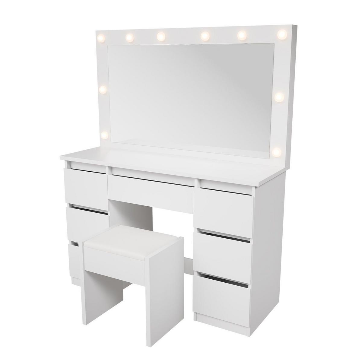 SCHMINKTISCH Lilia weiß mit LED-Beleuchtung und Hocker Melly - Weiß, Holz (108/140/41cm) - Juskys