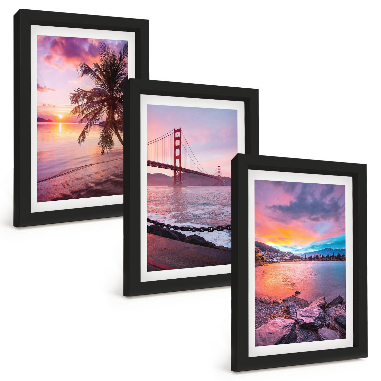 BILDER SET 3er Set - 20x30 cm Schwarzer Rahmen - Sonnenuntergangsbrücke Landschaft - Schwarz, Kunststoff (20/30cm) - TULUP