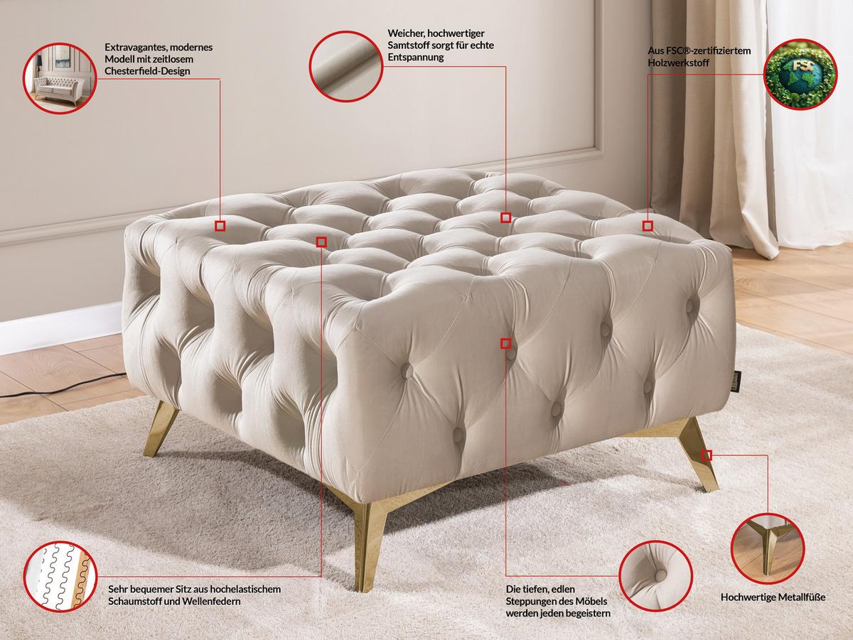 HOCKER Chesterfield Whitby Beige Samt mit goldenen Füßen - Beige/Goldfarben, Holz/Textil (80/45/80cm) - S-Style Möbel