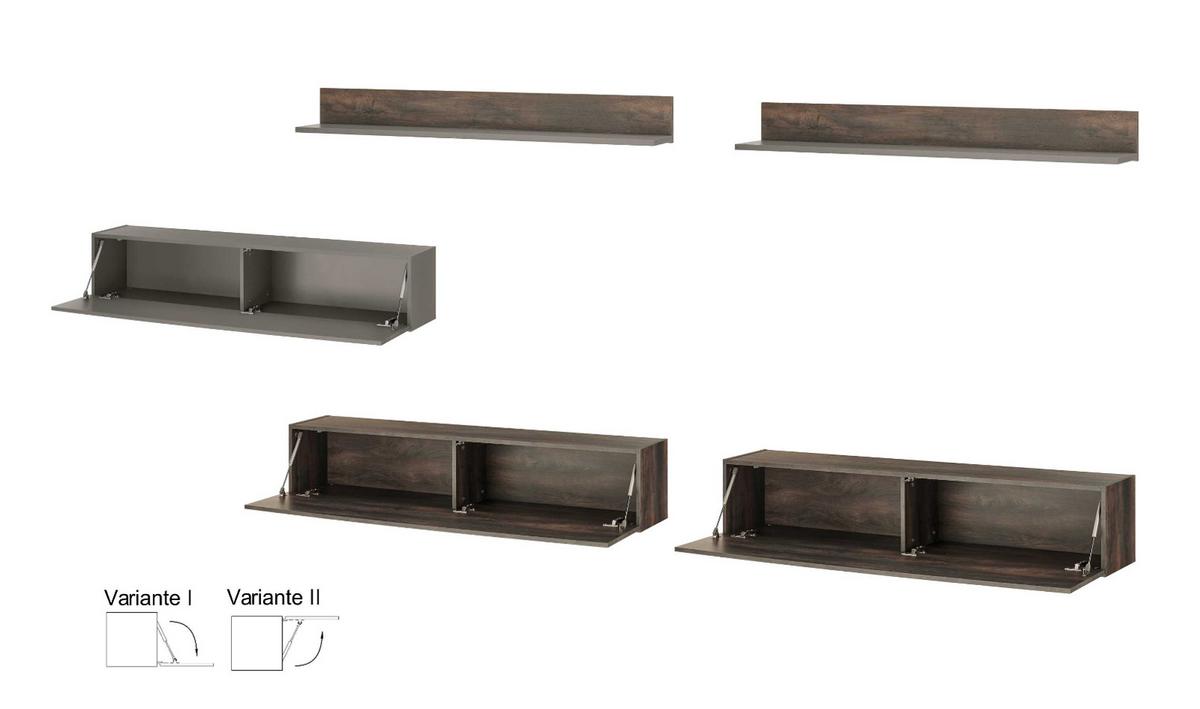 WOHNWAND Thermo Eiche, grau, Wohnkombination 4-teilig 380 cm mit Soft-Close - Eichefarben/Grau, Holzwerkstoff (380/200/30cm) - Furn.Design