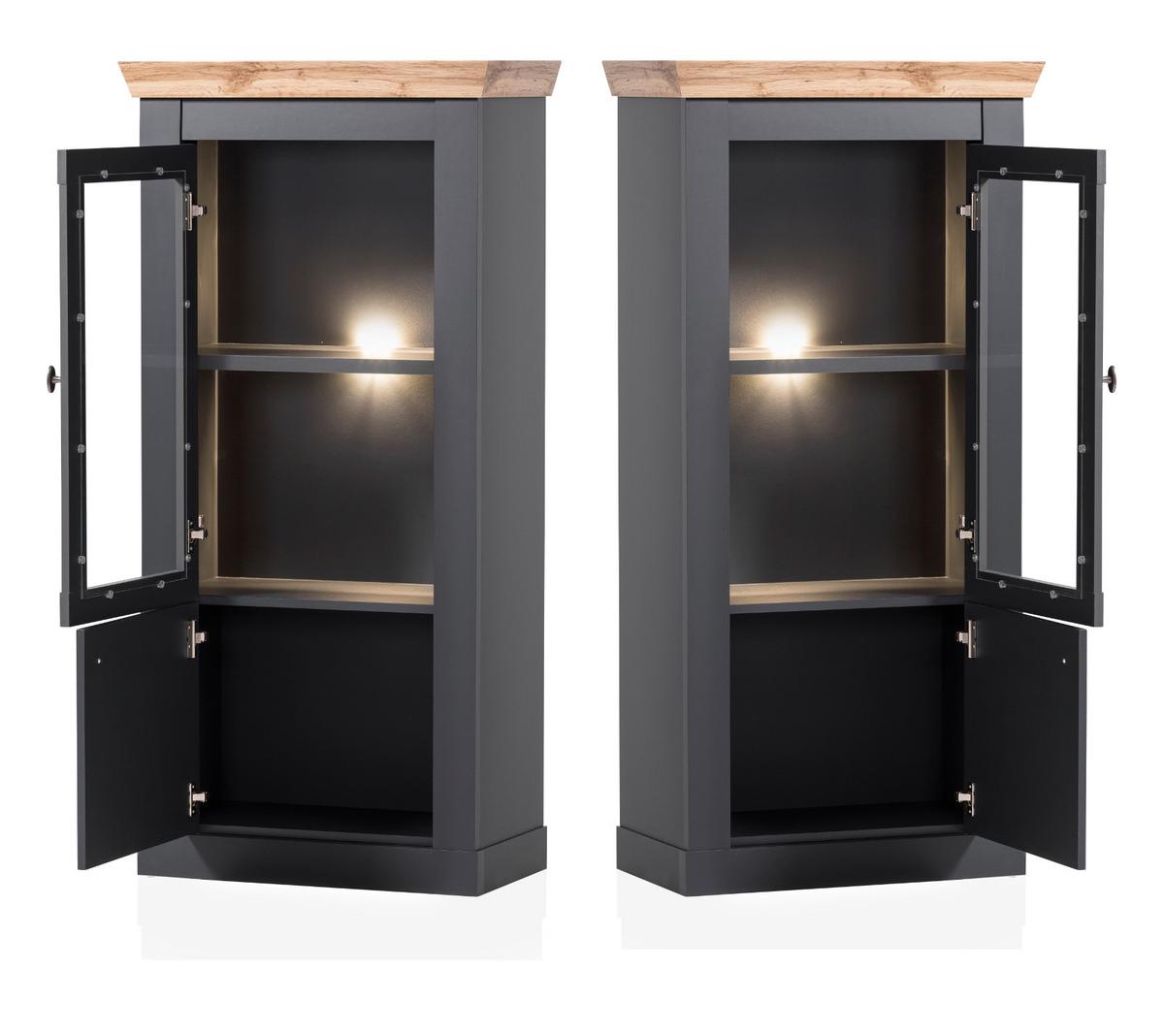 WOHNWAND 4-teilig grau, Eiche Wotan, Landhaus 322 x 170 cm, Wohnkombination mit Soft-Close - Silberfarben/Eiche Wotan, Glas/Holzwerkstoff (322/170/45cm) - Furn.Design