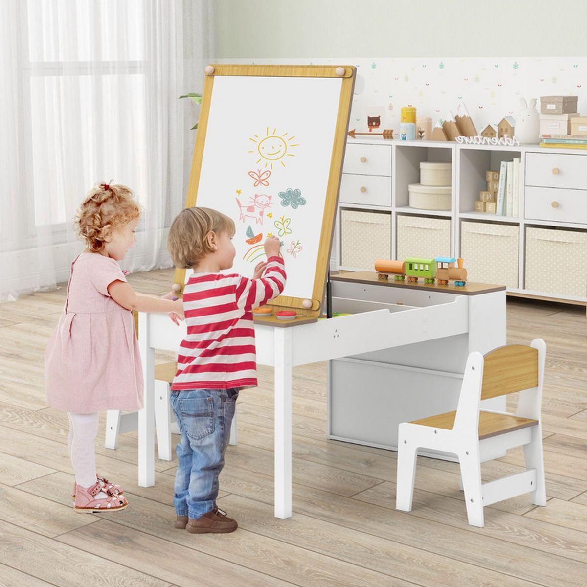 KINDERTISCH mit Stuhl natur(3-tlg) - Naturfarben, Holzwerkstoff (109/55/60cm) - COSTWAY
