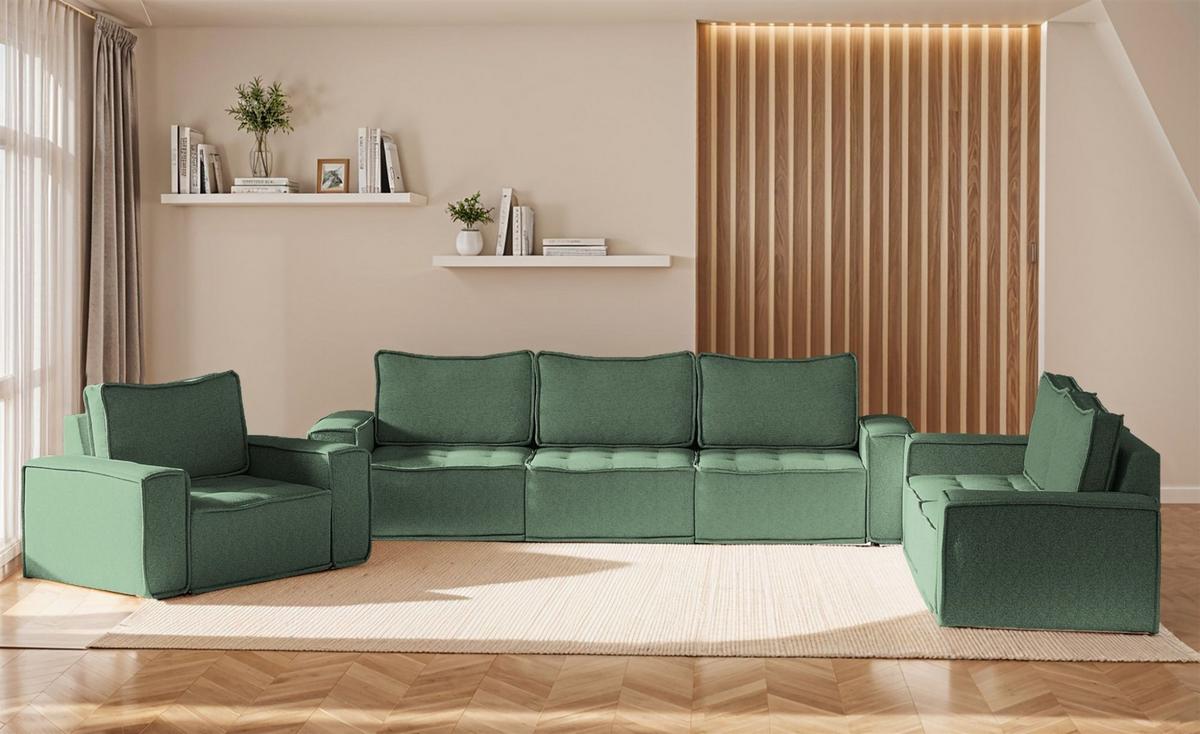 SOFASET Sande 3-2-1 In Raven - Grün, Holzwerkstoff/Textil (292/85/90cm) - Fun Möbel