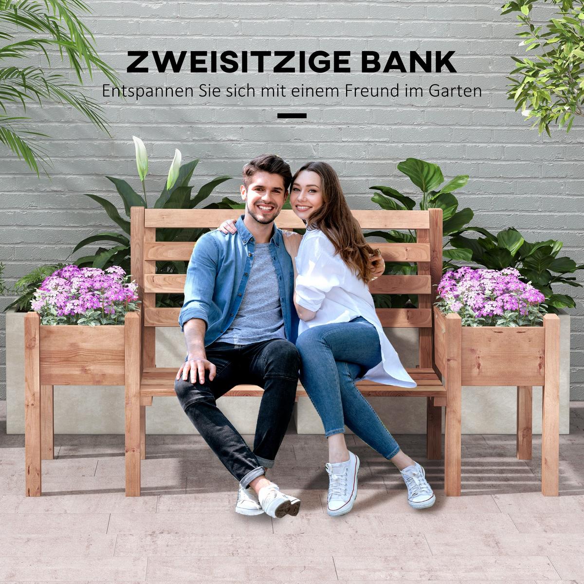 GARTENBANK, 2-Sitzer, Holzbank, mit Blumenkasten, für Garten, Terrasse, Dunkelbraun - Braun, Holz (59/95/184cm) - Outsunny