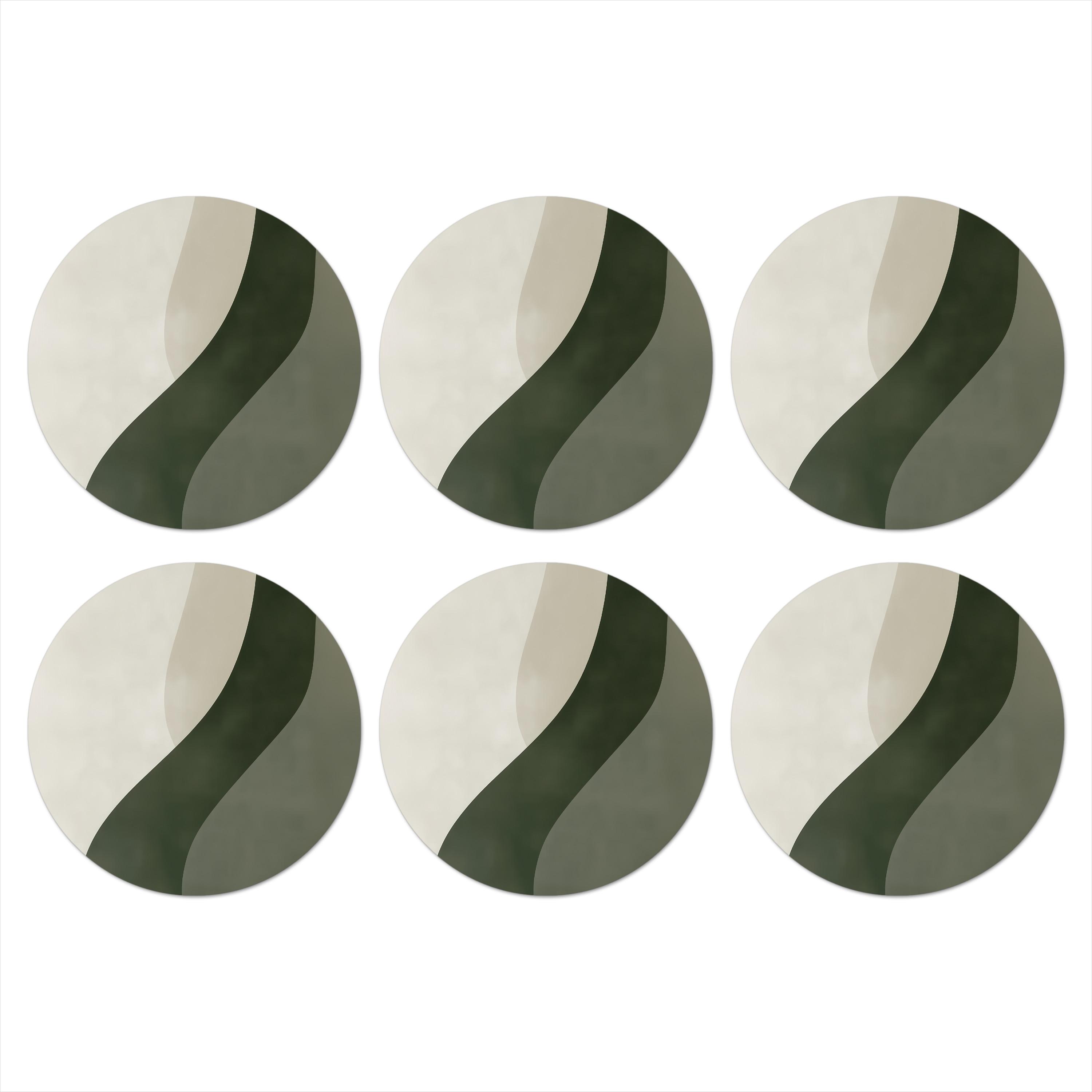 GLASUNTERSETZER 6er-Set Rund Japandi - Grün - Abstrakt - Modern 10x10 cm - Salbeigrün, Naturmaterialien (10/0.2cm) - MuchoWow