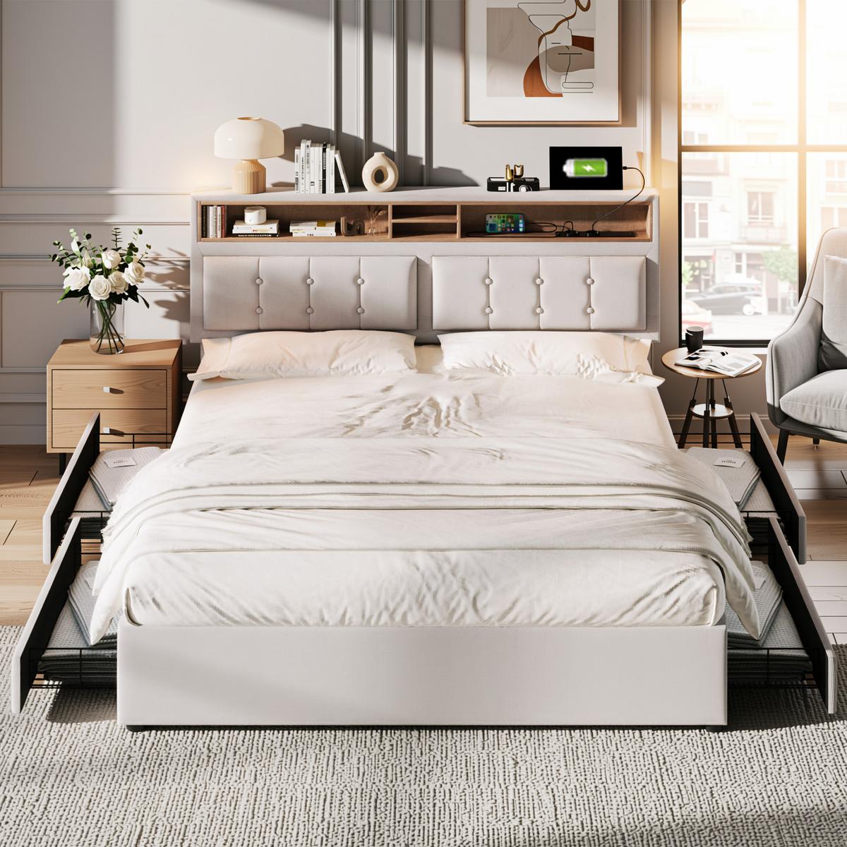 POLSTERBETT leinen-optik beige 140X200 mit 4 schubladen & integrierter ladestation - Eichefarben/Beige, Textil (140/200cm) - Urban Meuble
