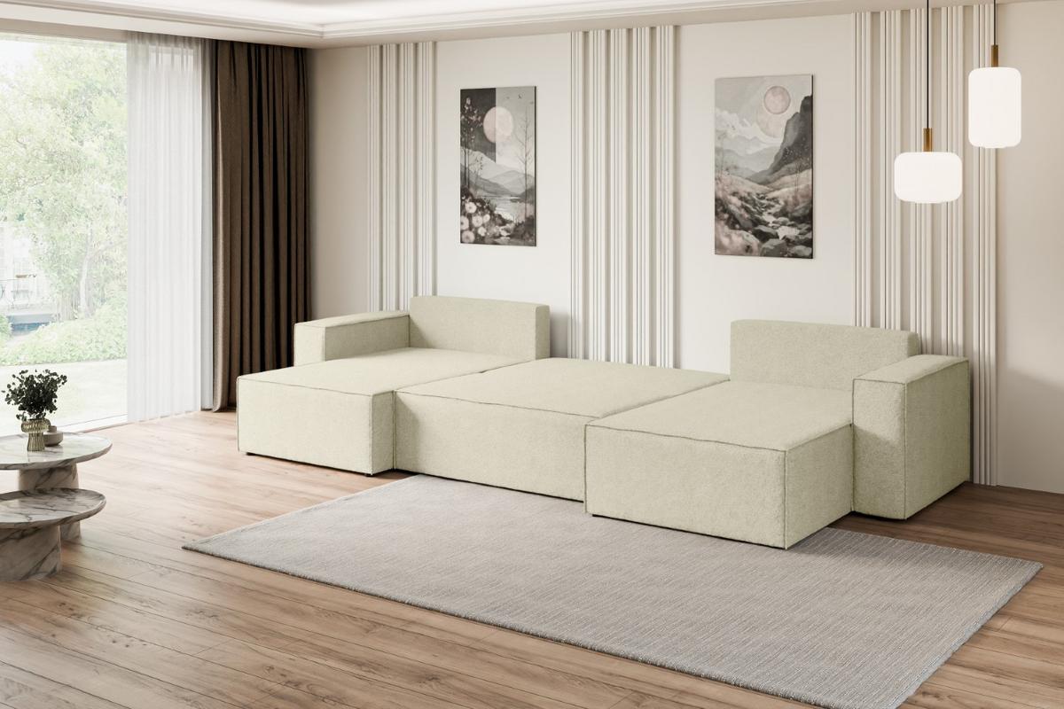 WOHNLANDSCHAFT mit Schlaffunktion und Bettkasten CELTIC-XLU - 377x143x83 cm Beige Bouclé - Beige/Schwarz, Holzwerkstoff/Kunststoff (377/83/143cm) - ALTDECOR