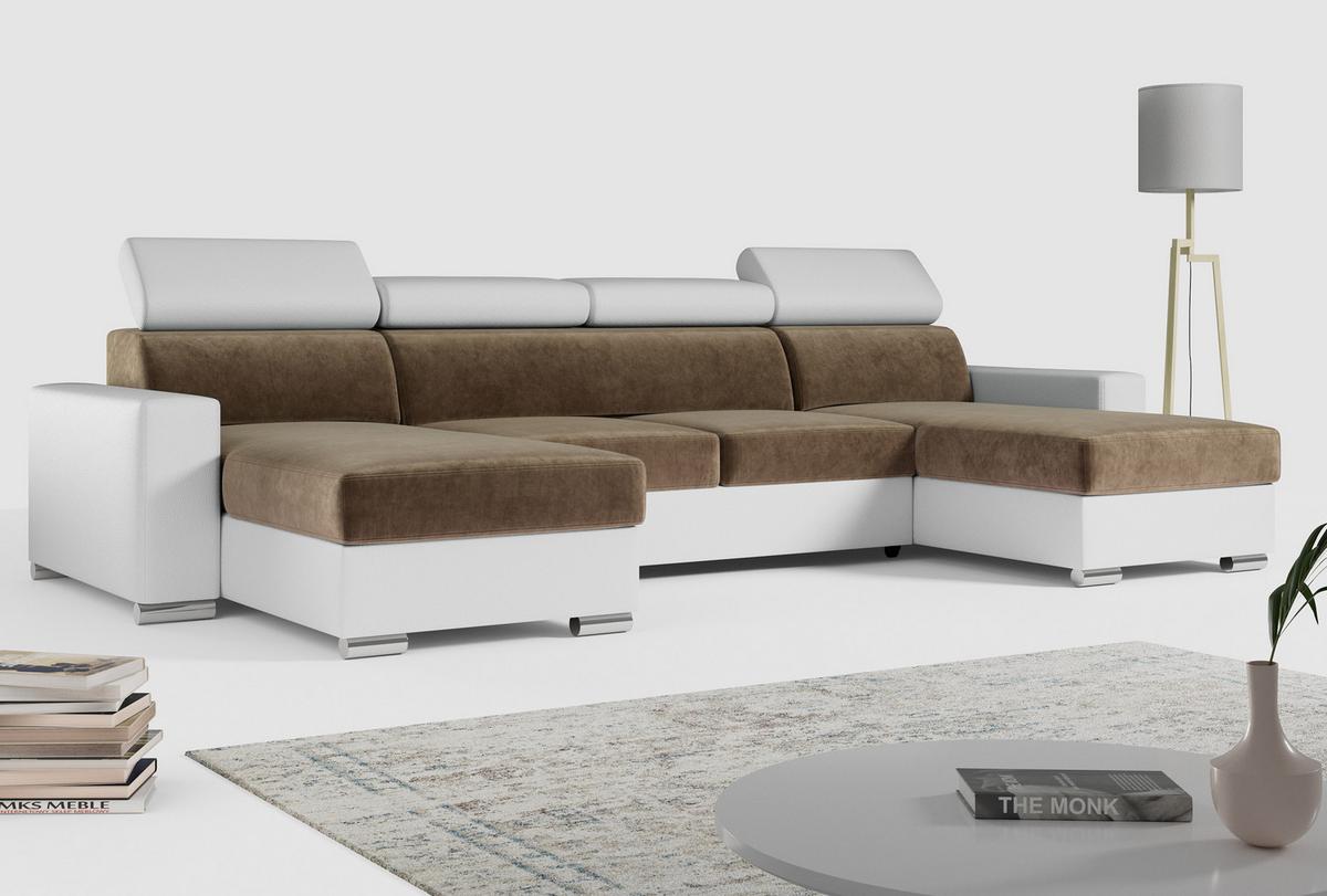 WOHNLANDSCHAFT FOX U Braun/Weiß - Velvet/Kunstleder - Silberfarben/Braun, Kunststoff/Textil (306/98/168cm) - MKS