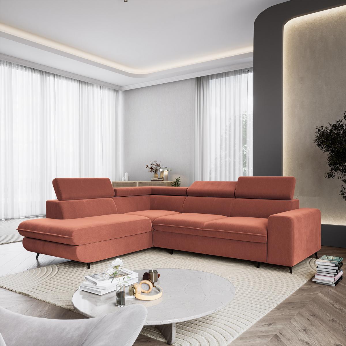 ECKSOFA VELISS Koralle Veloursstoff mit Schlaffunktion - Koralle, Holz (255/193cm) - MASSENO