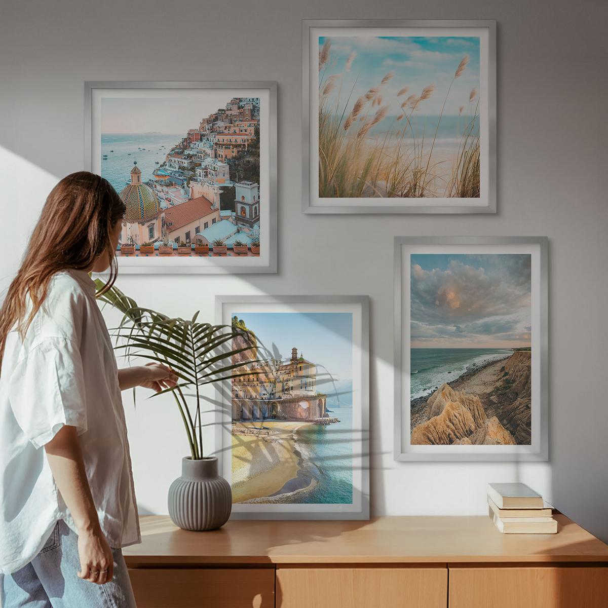BILDER SET 4er Set - 50x50 cm & 40x60 cm Silberner Rahmen - Landschaften Strand Stadt Klippen - Silberfarben, Kunststoff (50/50cm) - TULUP