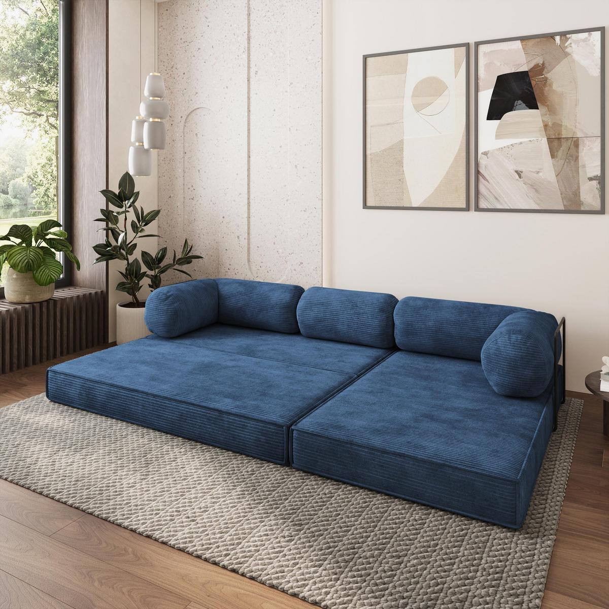 ECKSOFA ETERA modulares Boneless Sofa mit Schlaffunktion Blau Kordstoff - Blau, Textil (270/160cm) - MASSENO