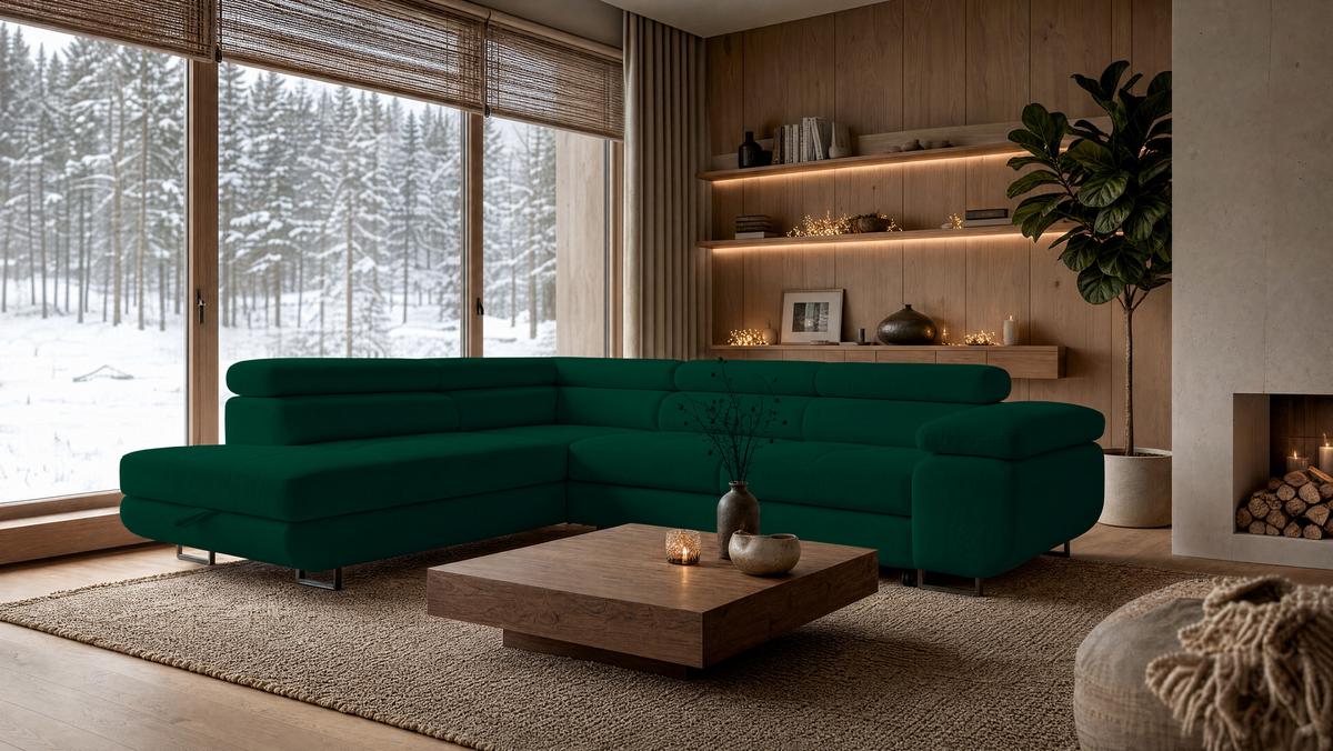 ECKSOFA Velmo mit Bettkasten und Schlaffunktion, verstellbaren Kopfstützen, in L-Form - Dunkelgrün, Textil (275/203cm)
