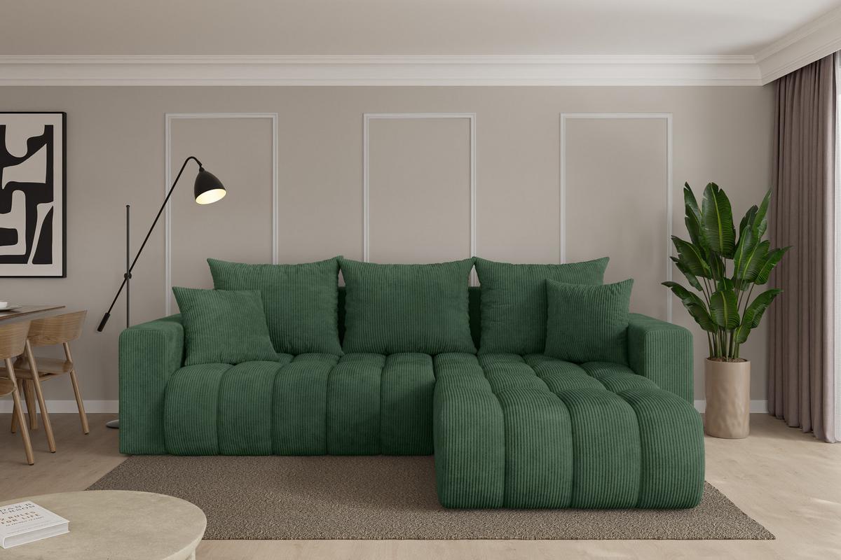 ECKSOFA mit Schlaffunktion Ottomane Rechts MILA-L-v1 277x195x86 Grün Cord - Dunkelgrün/Schwarz, Holzwerkstoff/Kunststoff (277/194cm) - ALTDECOR