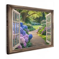 LEINWANDBILD Aussicht - Garten - Fenster - Hortensie - Blumen Wandbild 40x30 cm - Pastellblau, Textil (40/30cm) - MuchoWow