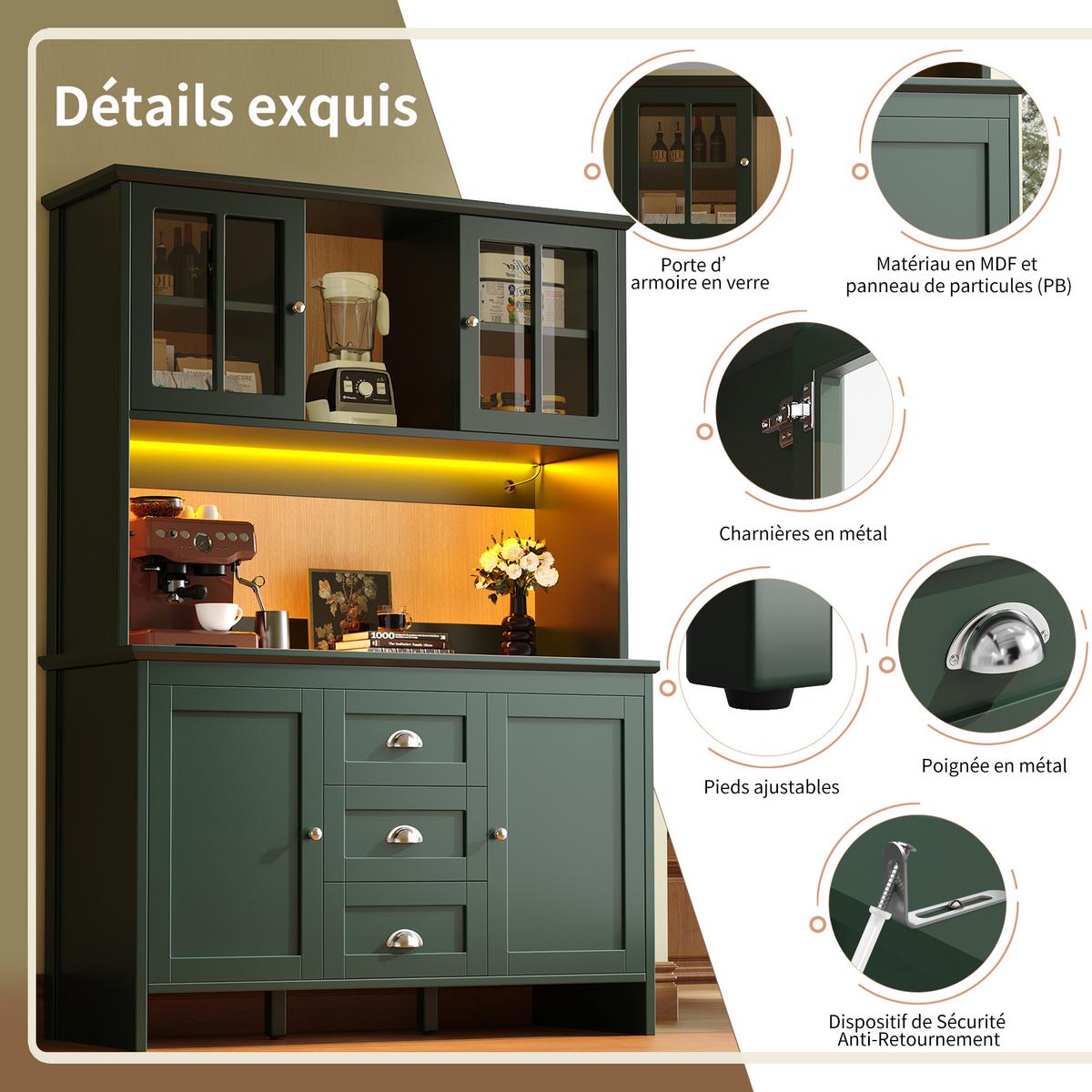 BUFFETSCHRANK grün & braunglas mit app-led & verstellbaren böden - Grün, Holzwerkstoff (120/179/40cm) - Urban Meuble