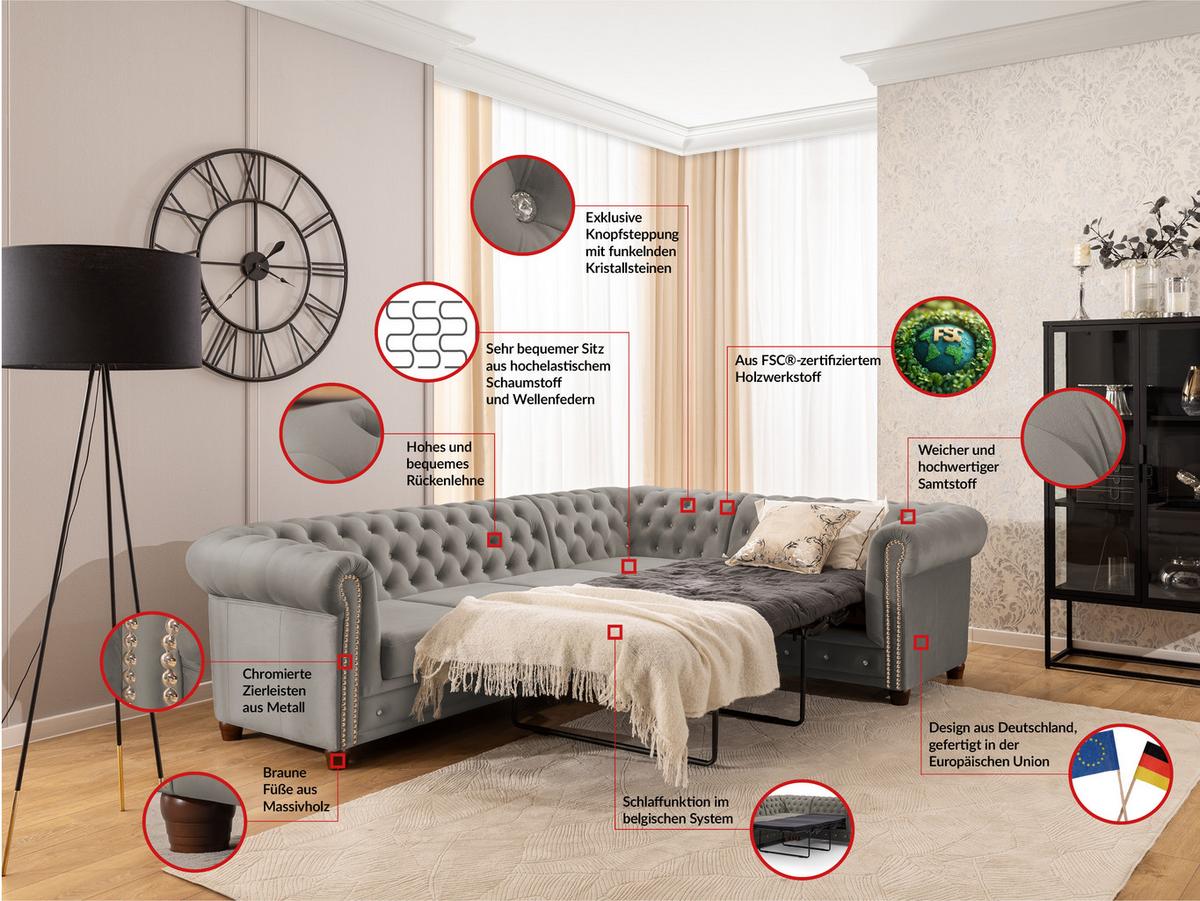 ECKSOFA mit Schlaffunktion Chesterfield Grau Samt mit Kristallsteppung und braunen Massivholzfüßen - Ottomane Rechts - Braun/Grau, Holz/Textil (264/210cm) - S-Style Möbel