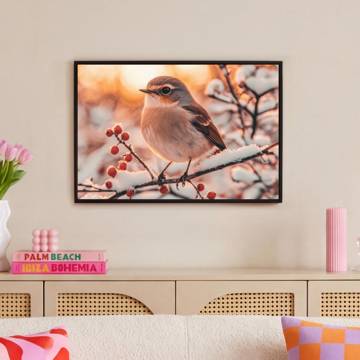 LEINWAND Bilder mit Rahmen - Vogel - Zweig - Winter - Tiere - Schnee - 60x40 - Bernsteinfarben, Textil (60/40cm) - MuchoWow