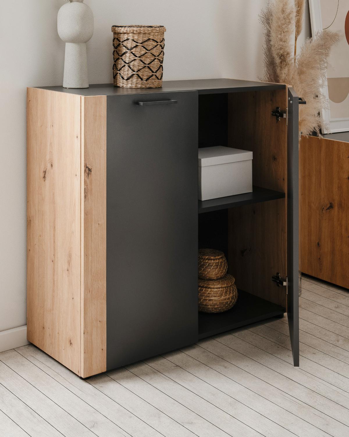 KOMMODE grau, Artisan Eiche 89 x 85 cm, Sideboard 2-türig - Anthrazit/Schwarz, Holzwerkstoff/Kunststoff (89/85/34.5cm) - Furn.Design