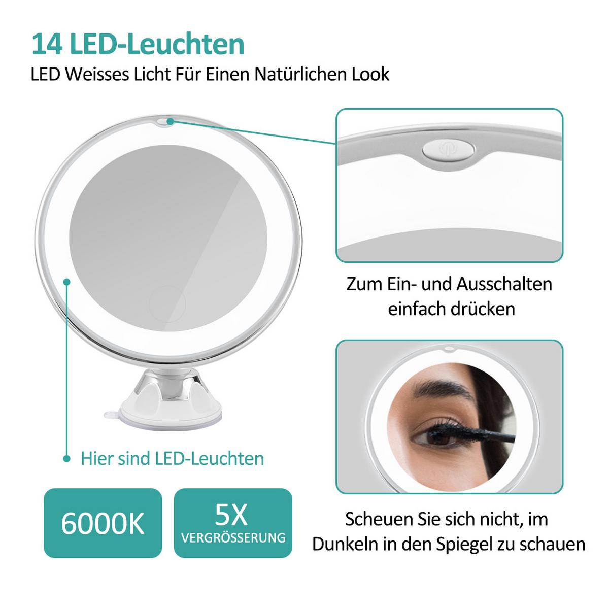 KOSMETIKSPIEGEL mit Beleuchtung mit Saugnapfes Weiß φ17,5 cm - Weiß, Glas (17.5/20/17.5cm) - EMKE