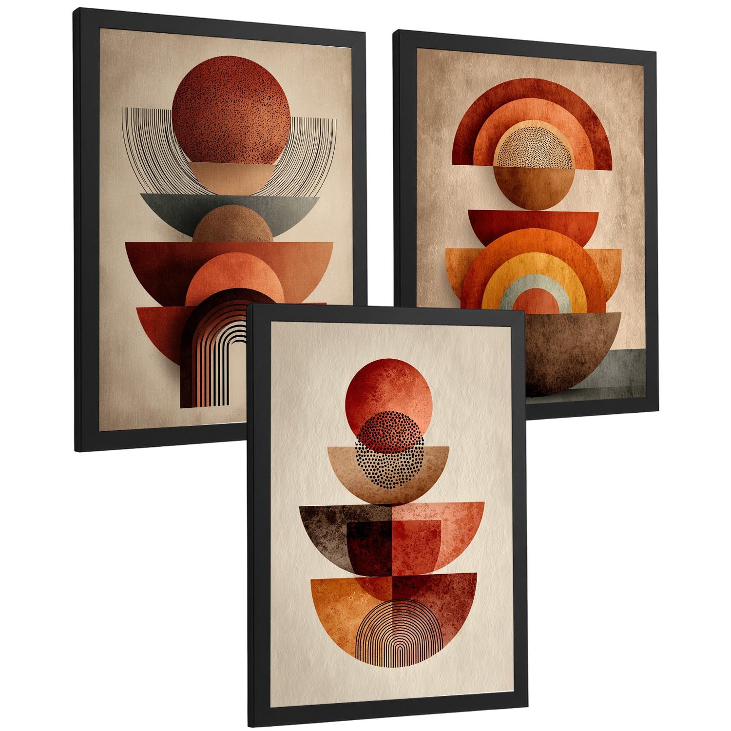 POSTER 3er Kunstdruck-Set Wandbilder Abstrakte Formen Rot Orange modern Wohnzimmer Deko, Schlafzimmer, Küche, Badezimmer Schwarzer Rahmen A4 - Schwarz, Papier (29.7/1/21cm) - Nacnic