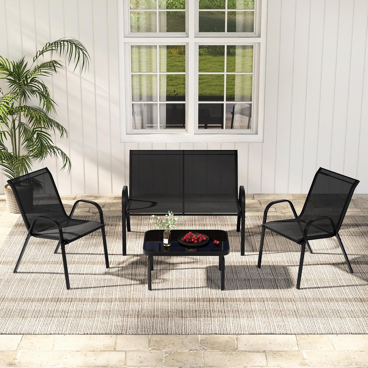 GARTENMÖBEL Set Schwarz(4-teilig) - Schwarz, Metall - COSTWAY