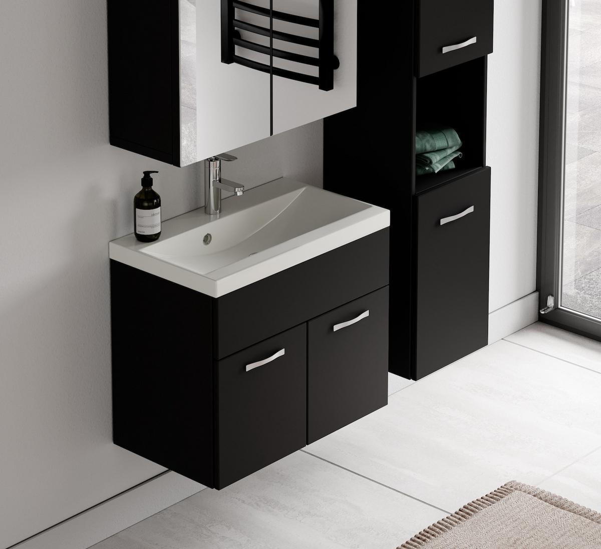 BADMÖBEL-SET Montreal 4 Teile Spiegelschrank Schwarz Matt - 60 x 35 x 51 cm - Schwarz, Holz (60/51/35cm) - Badplaats