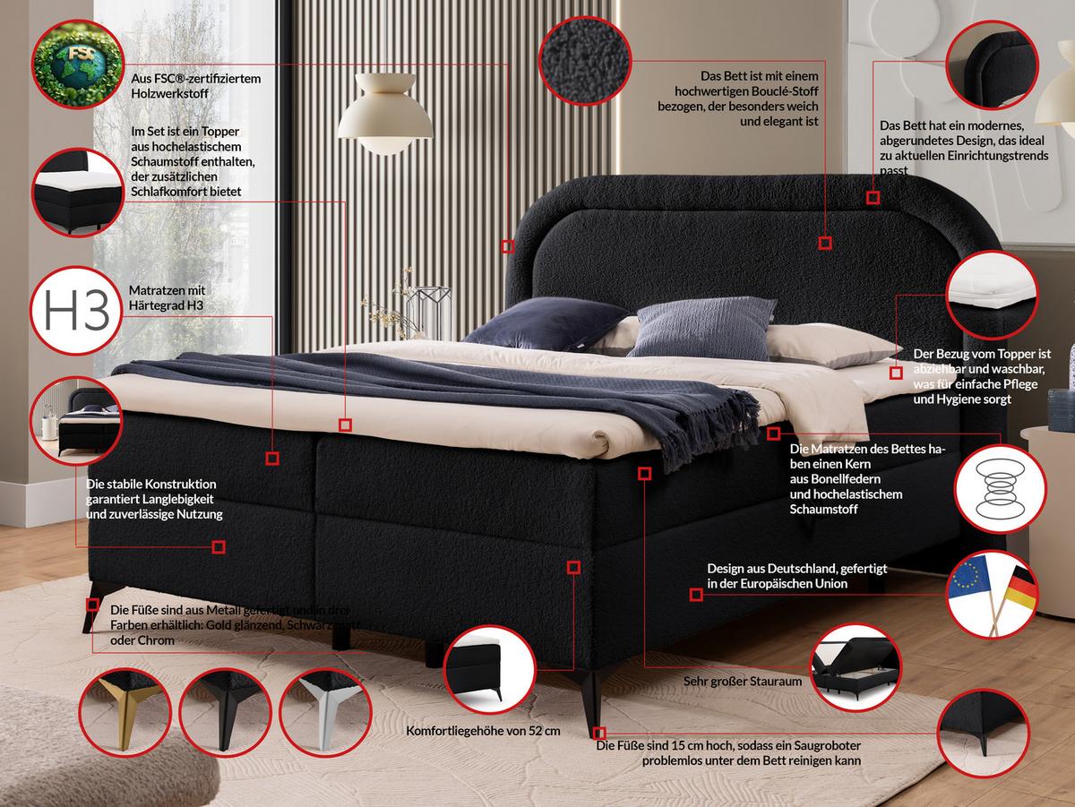 BOXBETT Sonna 200/200 cm Schwarz Bouclé-Stoff mit abgerundetem Kopfteil und mit schwarzen Metallfüßen - Schwarz, Holz/Textil (200/200cm) - S-Style Möbel