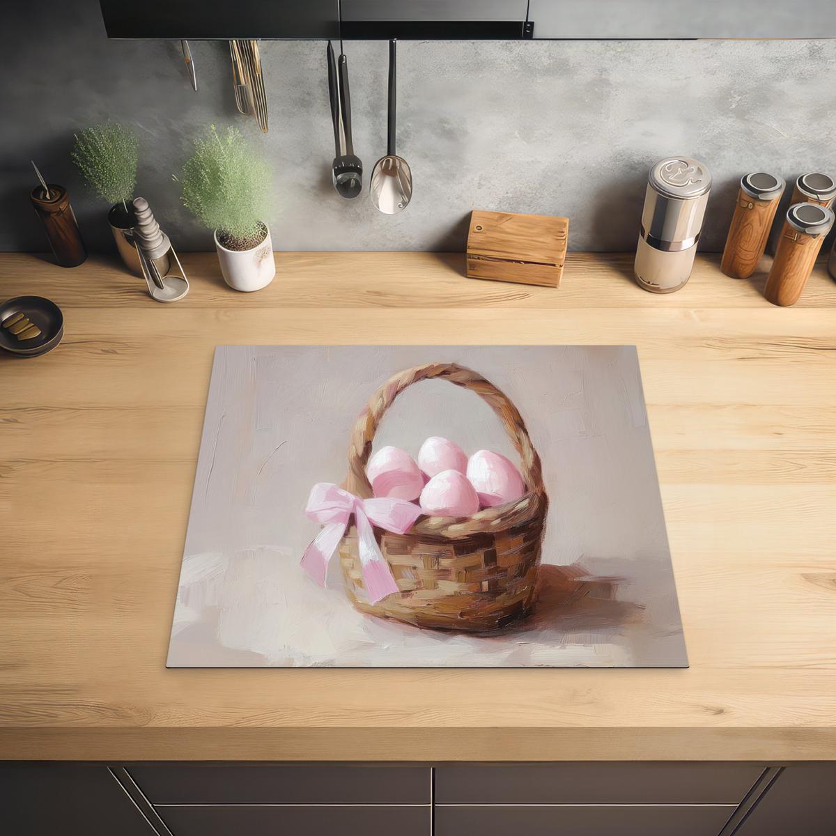 HERDABDECKPLATTE Korb - Eier - Rosa Abdeckung Ceranfeld 59x51 cm - Beige, Kunststoff (59/51/0.2cm) - MuchoWow