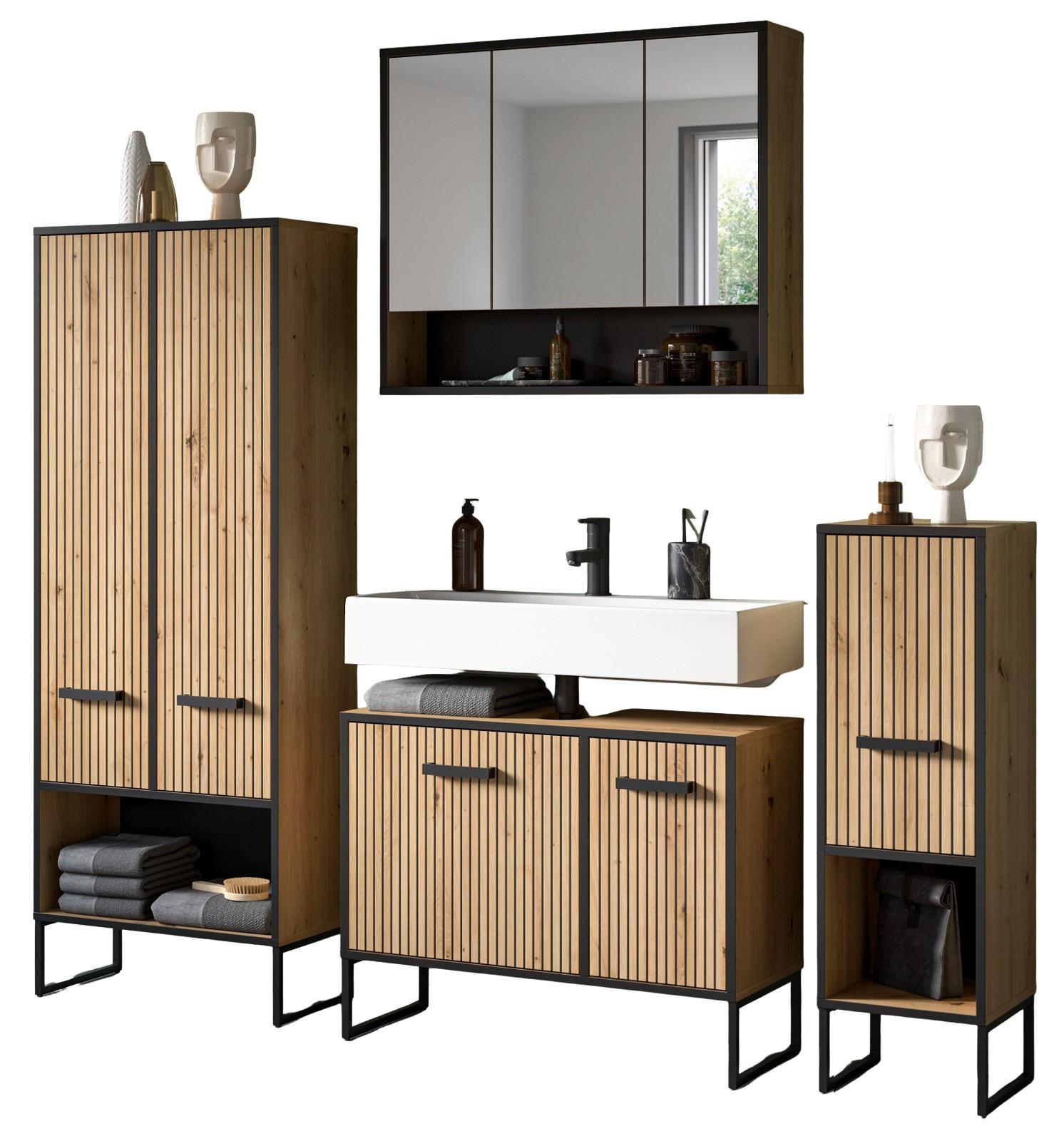 BADMÖBEL-SET 4-teilig Eiche Artisan, schwarz 199 cm, Badkombination mit Soft-Close - Schwarz/Eiche Artisan, Glas/Holzwerkstoff (199/192/36cm) - Inn.Furn