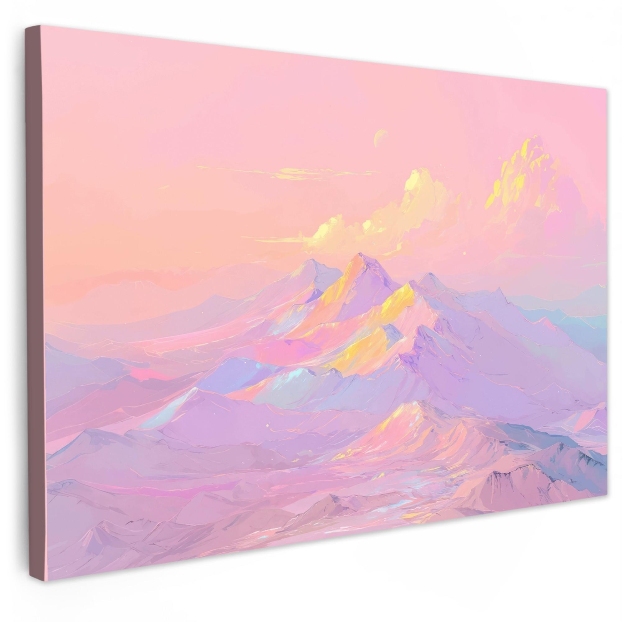 LEINWANDBILD Berggipfel - Wolken - Verträumt Wohnzimmer Groß 120x80 cm - Hellrosa, Textil (120/80cm) - MuchoWow