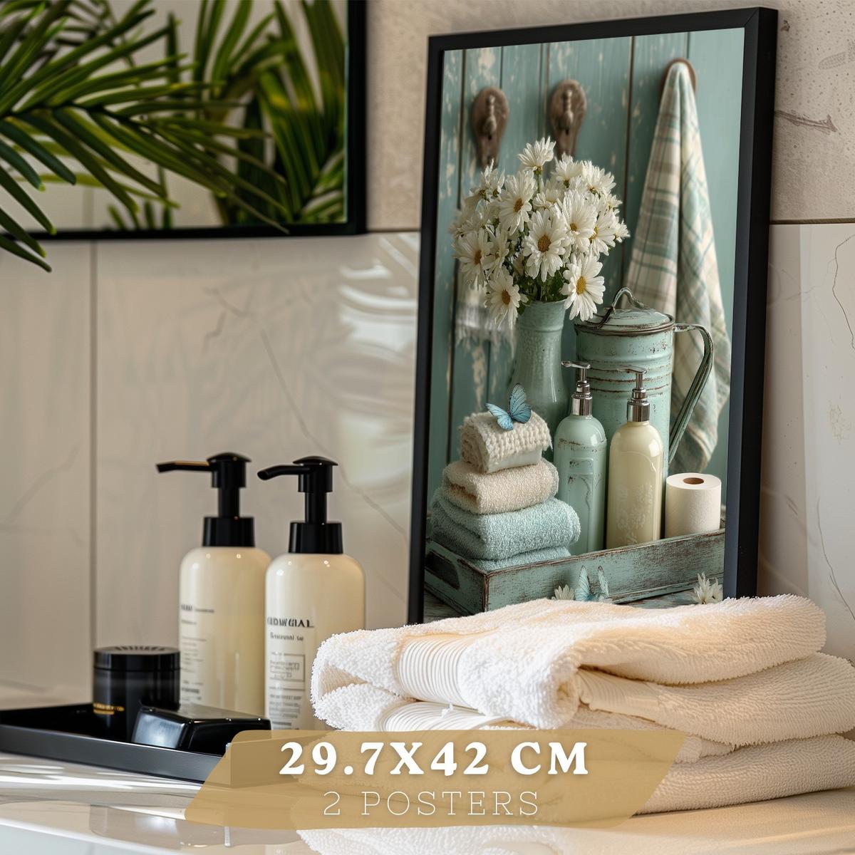 POSTER Set mit 2 dekorativen Badezimmer-Drucken, Shabby Chic Blumenposter für Wand, Waschbecken, romantische Dekoration mit Blumen Schwarzer Rahmen A3 - Schwarz, Papier (42/29.7/3cm) - Nacnic