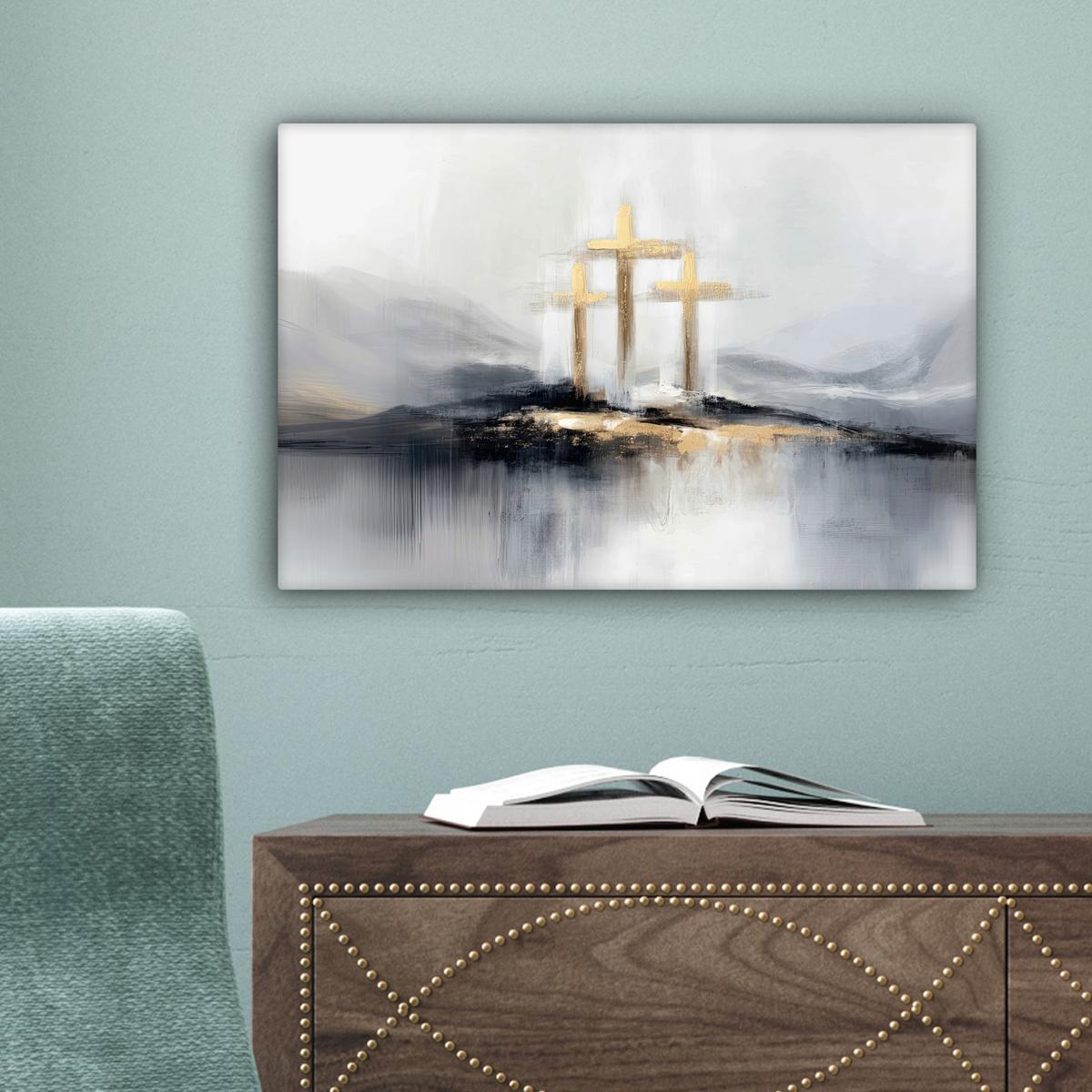LEINWANDBILD Abstrakt - Malerei - Christentum - Kreuz Deko Schlafzimmer 30x20 cm - Weiß, Textil (30/20cm) - MuchoWow