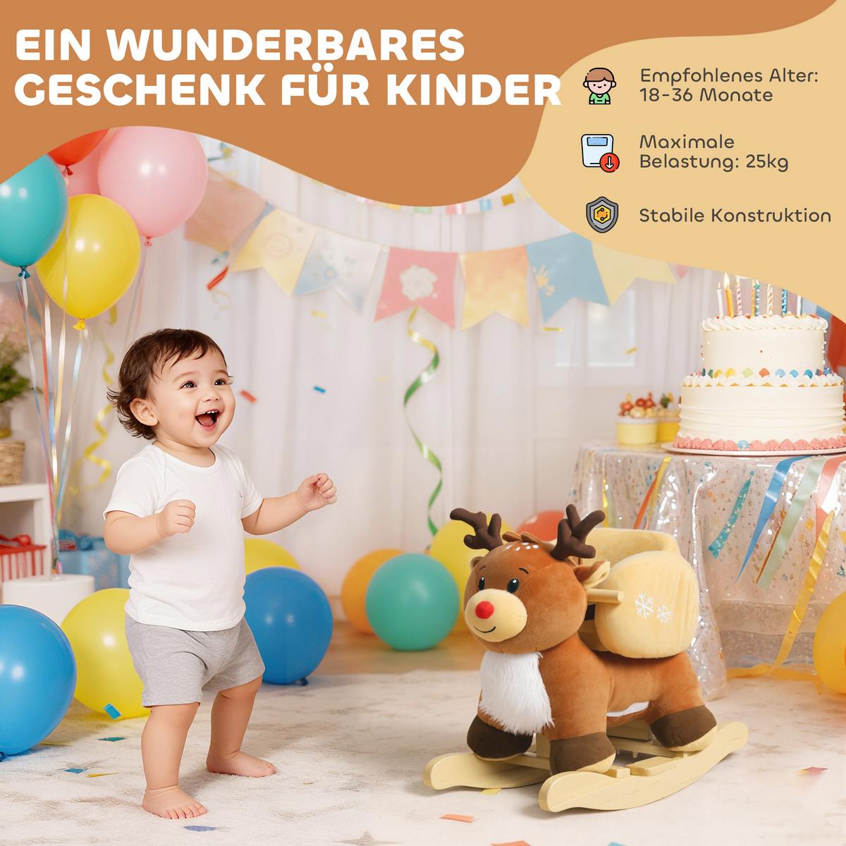 KINDER-SCHAUKELPFERD Rentier mit Schlafliedern Plüsch Braun - Braun, Textil (32/55/65cm) - AIYAPLAY