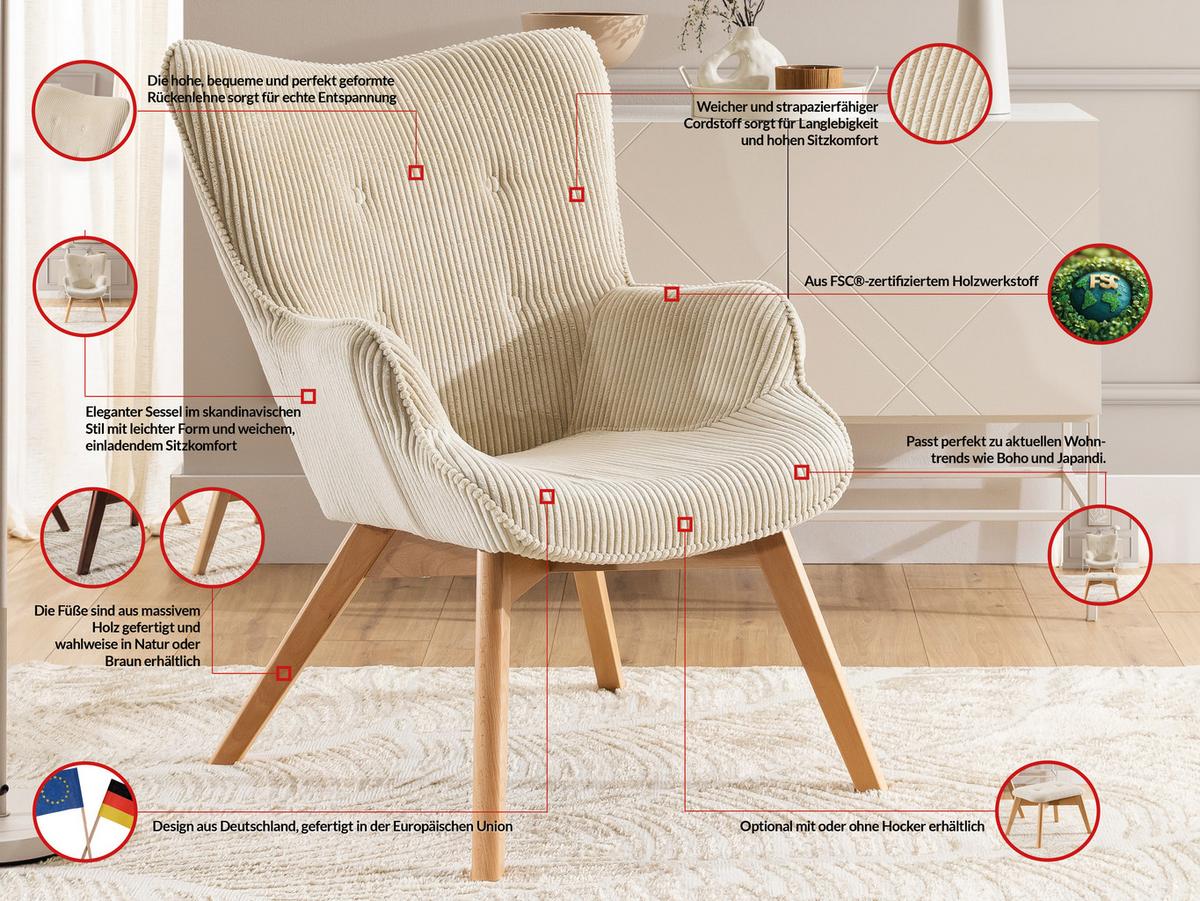 LOUNGESESSEL mit Fußhocker Lenari Beige Cordstoff mit Füßen in Natur - Beige/Naturfarben, Holz/Textil (71/96/86cm) - S-Style Möbel