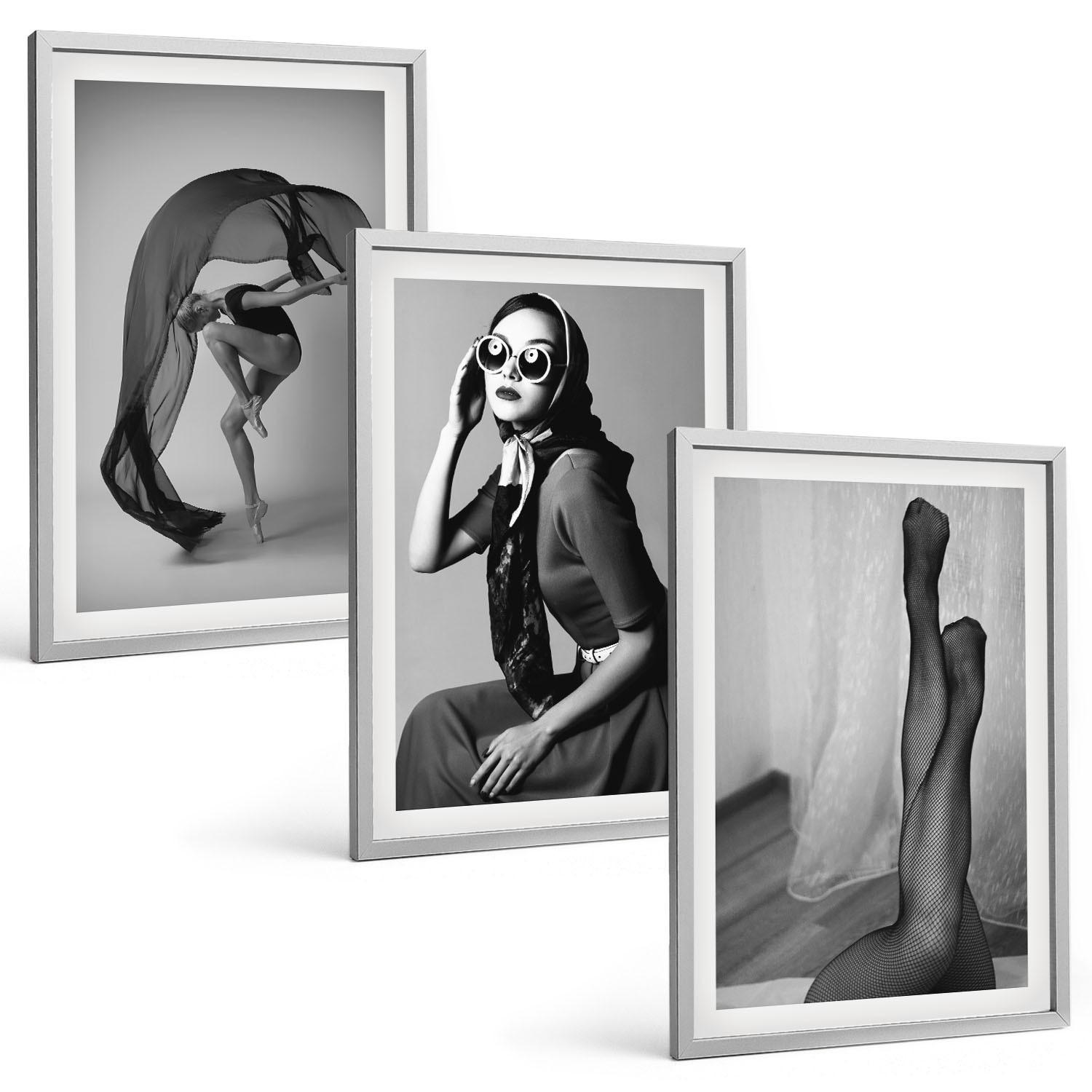 BILDER SET 3er Set - 40x60 cm Silberner Rahmen - Schwarz-Weiß-Porträts von Frauen - Silberfarben, Kunststoff (40/60cm) - TULUP