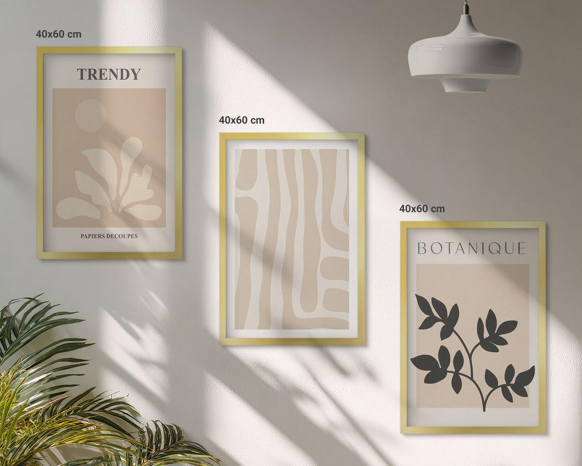 BILDER SET 3er Set - 40x60 cm Goldrahmen - Stilvolle Pflanzenmuster in Beige und Schwarz - Goldfarben, Kunststoff (40/60cm) - TULUP