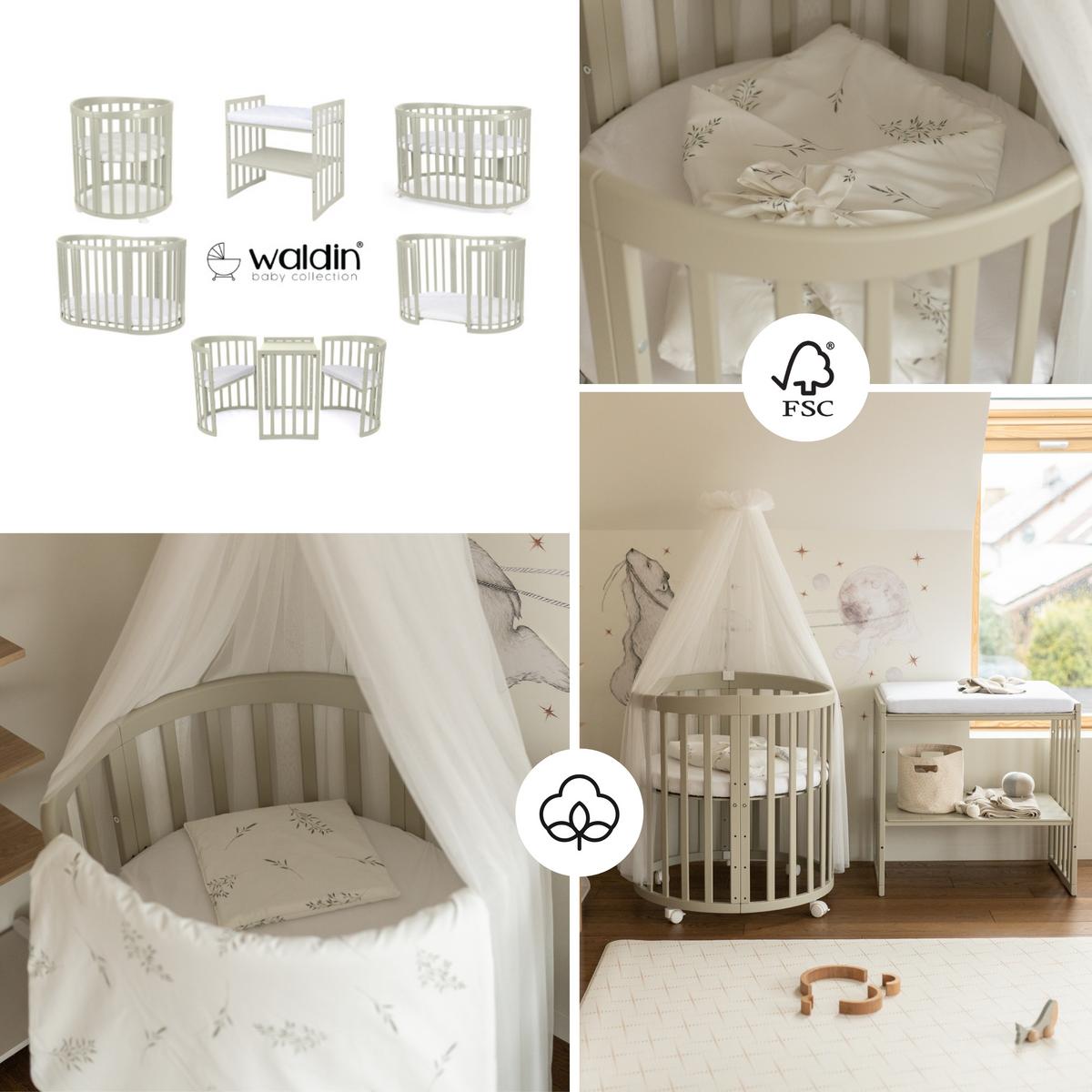BABYBETT OLIVE OVAL 7in1 mit Matratze und Himmelset - Olivgrün/Weiß, Holz/Textil (73/125cm) - waldin