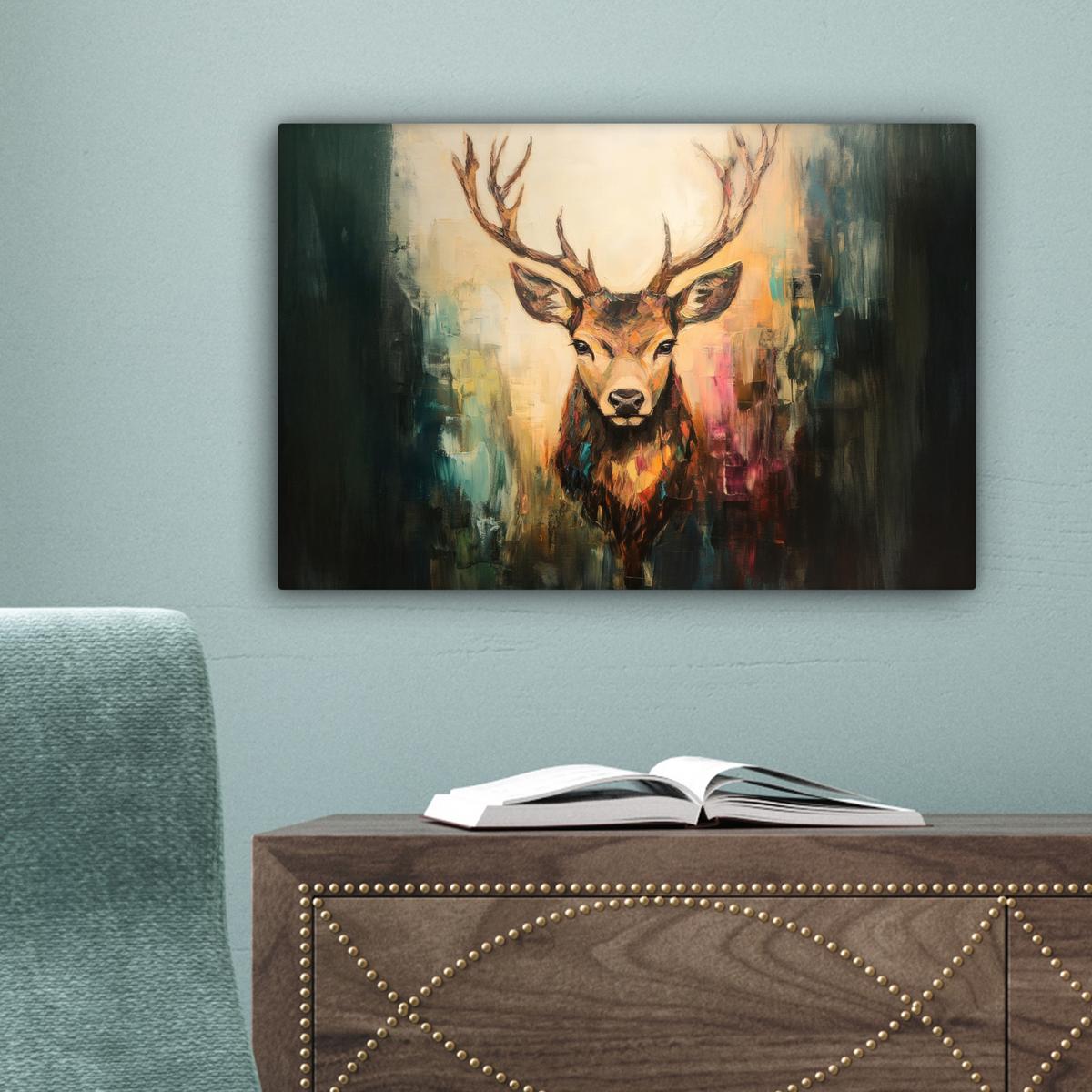 LEINWANDBILD Hirsch - Gemalt - Geweih - Braun Deko Schlafzimmer 30x20 cm - Haselnussfarben, Textil (30/20cm) - MuchoWow