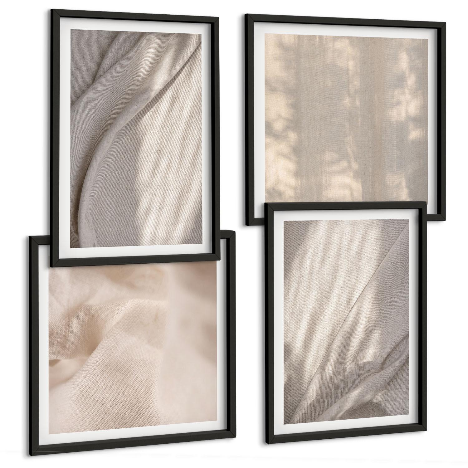 BILDER SET 4er Set - 50x50 cm & 40x60 cm Schwarzer Rahmen - Nahaufnahme von natürlichen Boho-Stoffen - Schwarz, Kunststoff (50/50cm) - TULUP