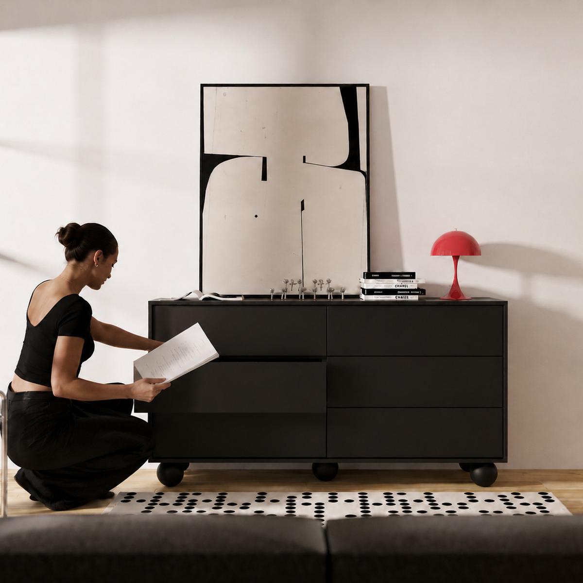 KOMMODE Adel mit 6 Schubladen und runden Füßen, 154 cm, Griffloss, Schwarz - Schwarz, Holzwerkstoff (154/81/38cm) - Beautysofa