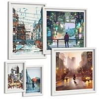 BILDER SET 5er Set - 50x50 cm & 20x30 cm & 40x60 cm Weißer Rahmen - Moderne, farbenfrohe Städte mit Charakteren - Weiß, Kunststoff (40/60cm) - TULUP