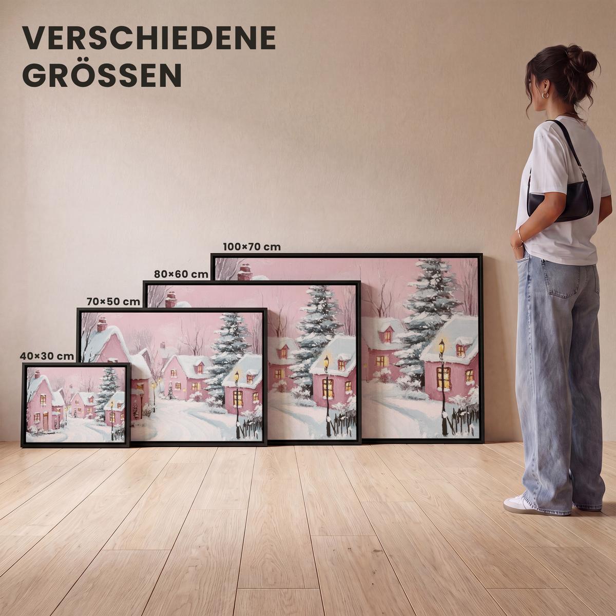 LEINWAND Bilder mit Rahmen - Weihnachtsdorf - Rosa - Winter - Schnee - Häuser - 40x30 - Altrosa, Textil (40/30cm) - MuchoWow