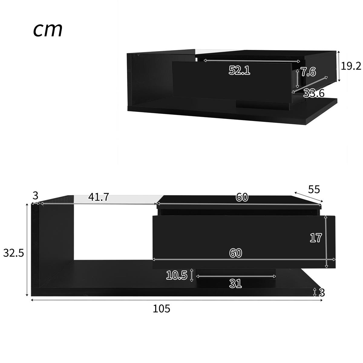 COUCHTISCH Hochglanz Schwarz mit Glas, LED-Beleuchtung & Stauraum - Schwarz, Holzwerkstoff (55/105/32.5cm) - Urban Meuble