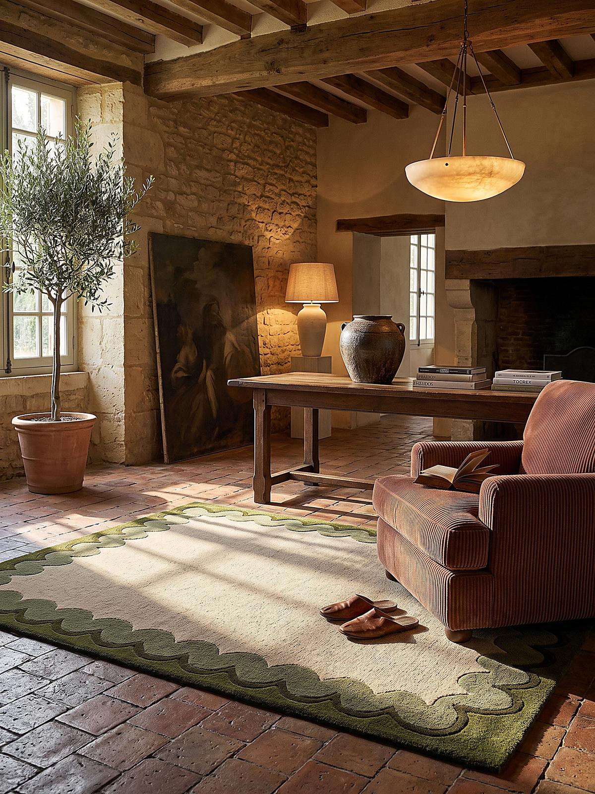 WOLLTEPPICH handgetuftet WAVENEY, Zickzack-Wellenbordüre, Olivgrün, 160 x 230 cm - Grün, Textil (160/230cm) - KADIMA DESIGN