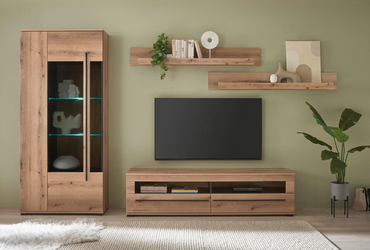 VITRINE Eiche Evoke, großer Vitrinenschrank 90 x 200 cm inklusive Beleuchtung - Eichefarben/Schwarz, Glas/Holzwerkstoff (90/200/37cm) - Furn.Design