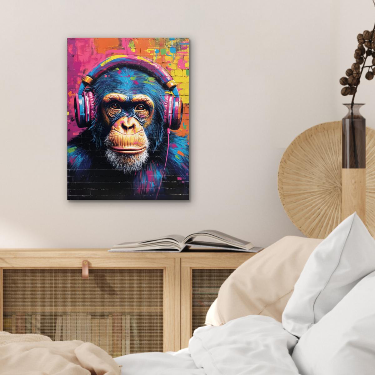 METALLBILD Graffiti - Schimpanse - Straßenkunst - Kopfhörer - Affe 30x40 cm - Blau, Metall (30/40cm) - MuchoWow