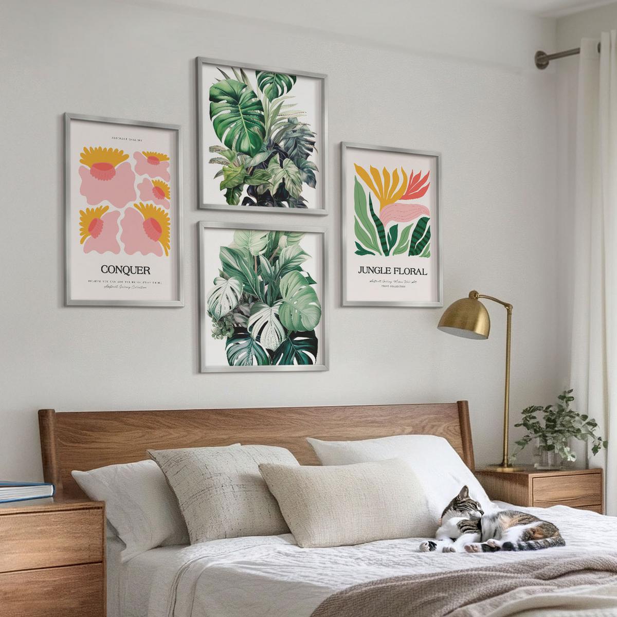 BILDER SET 4er Set - 50x50 cm & 40x60 cm Silberner Rahmen - Blumen und Blätter – moderne Poster - Silberfarben, Kunststoff (50/50cm) - TULUP