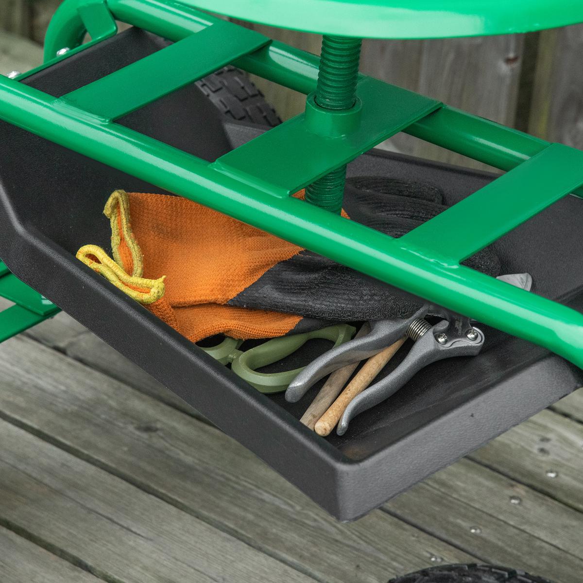 GARTENWAGEN mit Rollsitz bis 150 kg mit Ablage Korb für kleine Gartengeräte - Grün, Metall (45/87/98cm) - Outsunny